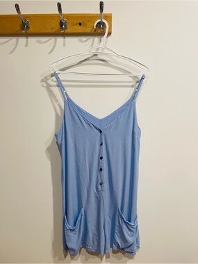 Light Blue Women's Romper - Spaghetti Strap Button Front